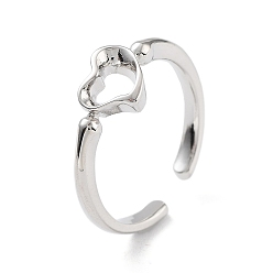 Platinum Brass Open Cuff Rings for Women, Heart, Platinum, Inner Diameter: 17.8mm