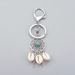 Antique Silver & Platinum Cowrie Shell Keychain, with Tibetan Style Alloy Findings, Synthetic Turquoise Beads, Alloy Key Clasps, Seashell Color, Antique Silver & Platinum, 115mm