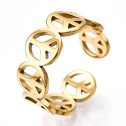 Настоящее золото 18K Ионное покрытие (ip) 304 открытая манжета из нержавеющей стали с символом мира для женщин, реальный 18 k позолоченный, размер США 6 1/4 (16.7 мм)