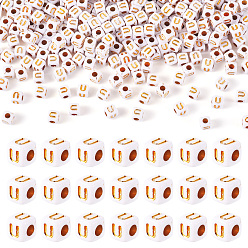 Letter U Непрозрачные акриловые бусины, с металлическим обрамлением, кубические, Буква U, 4.5x4.5x4.5 мм, отверстие : 2 мм