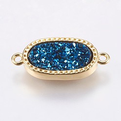 Prussian Blue Druzy Resin Links connectors, with Brass Finding, Oval, Golden, Prussian Blue, 21x9.5x3.5~4mm, Hole: 1.5mm