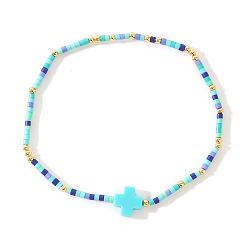 Темно-Голубой Браслеты из стеклянных бусин в стиле бохо, крестик из натуральных ракушек для женщин, глубокое синее небо, внутренний диаметр: 6-1/2 дюйм (16.5 см)