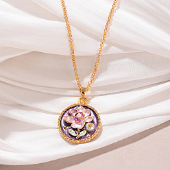 Средняя Орхидея Цепочка из латуни с эмалированным сплавом и подвеской из натурального жемчуга, золотые, средне орхидеи, 16.54 дюйм (42 см), Кулон : 27x19 мм