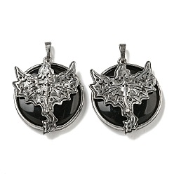 Обсидиан Плоские круглые подвески из натурального обсидиана, стойка с латунными подвесками в виде дракона, античное серебро, без кадмия и без свинца, 38x32x7 мм, отверстие : 8x5 мм