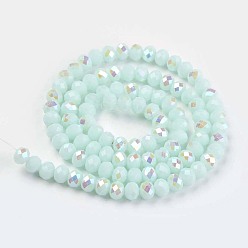 Light Cyan Electroplate Opaque Solid Color Glass Beads Strands, Half Rainbow Plated, Faceted, Rondelle, Light Cyan, 8x6mm, Hole: 1mm, about 65~68pcs/strand, 15.7~16.1 inch(40~41cm)