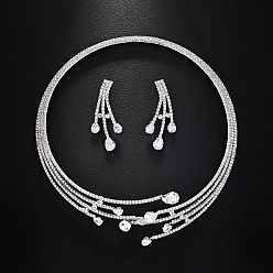 Plata Conjunto de pendientes de aleación y diamantes de imitación en forma de lágrima y collares multicapa para mujer., plata, 160x150 mm