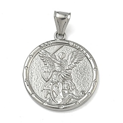 Нержавеющая Сталь Цвет 304 подвески из нержавеющей стали, плоская круглая форма с подвеской Святого Михаила, цвет нержавеющей стали, 34.5x30x2.5 мм, отверстие : 4x9 мм