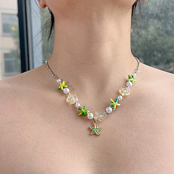 Морская звезда Женские ожерелья с подвесками из эмалевого сплава, цветами из смолы и искусственным жемчугом, золотые, морская звезда, 15.75 дюйм (40 см)