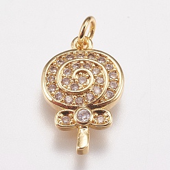 Golden Brass Micro Pave Cubic Zirconia Charms, Lollipop, Golden, 15x10x2mm, Hole: 2mm