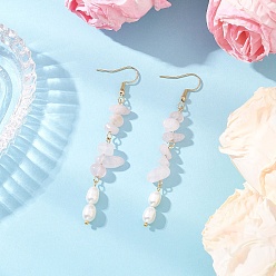 Розовый Кварц 304 серьги-подвески из нержавеющей стали с натуральным культивированным пресноводным жемчугом и рисом, с натуральным розовым кварцем, золотые, 73~79x10~13.5 мм