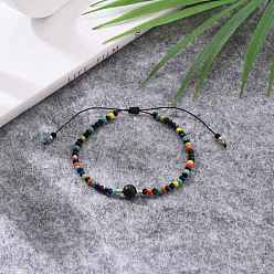 Black Agate Adjustable Nylon Thread Braided Bead Bracelets, with Round Natural Black Agate(Dyed) Beads and Glass Seed Beads, Inner Diameter: 1-3/4~3-3/8 inch(4.5~8.5cm)