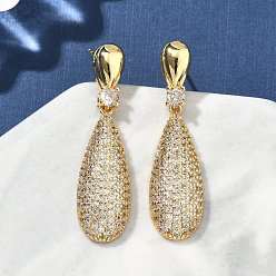 Настоящее золото 18K Серьги-гвоздики в форме капли из латуни с микропаве из кубических цирконий для женщин, без свинца и без кадмия, долговечный, реальный 18 k позолоченный, 38.5x10 мм