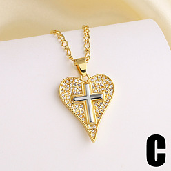 Cross Подвеска в виде сердца из латуни с микропаве из прозрачных кубических цирконий, двухцветная., реальный 18 k позолоченный, крестик, 17.32 дюйм (44 см)