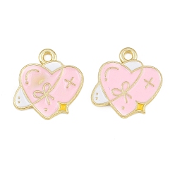 Pink Pendentifs en émail , charmes de coeur, or, rose, 16.5x15x1mm, Trou: 1.6mm