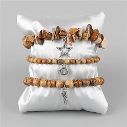 Пейзажный Джаспер 3 Браслеты с подвесками из сплава и натуральной яшмы, эластичные браслеты для женщин, лист, луна и звезда, 7.48 дюйм (19 см)