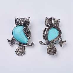 Synthetic Turquoise Gemstone Pendant, with Alloy Findings, and Rhinestone, Owl, 50x35x7.5~9mm, Hole: 5x8mm