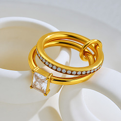 Rectangle 304 Кольца из нержавеющей стали с прозрачным кубическим цирконием, штабелируемые кольца, золотые, прямоугольные, размер США 7 (17.3 мм)