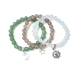 Смешанные камни Тибетский стиль звезды и луна и солнце сплав шарм браслеты, с натуральным зеленым авантюрином и серым агатом, кварцевые (окрашенные) бусины, внутренний диаметр: 2~2-1/8 дюйм (5.2~5.5 см)