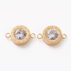 Золотой 304 Соединители звеньев из прозрачного кубического циркония из нержавеющей стали с микропаве, плоские круглые с римскими цифрами, золотые, 17x11x4.5 мм, отверстие : 2 мм