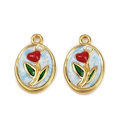 Разноцветный 304 нержавеющей стальной эмали подвески, с абс пластмассовой имитационной жемчужиной, ионное покрытие (ip), овал с цветочными подвесками, реальный 18 k позолоченный, красочный, 20.5x13x3 мм, отверстие : 1.6 мм