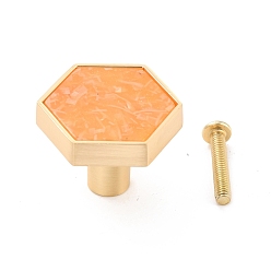 Orange Hexagon with Marble Pattern Brass Box Handles & Knobs, with Resin Cabochons and Iron Screws, Matte Gold Color, Orange, 29.5x34x24.5mm, Hole: 3.5mm