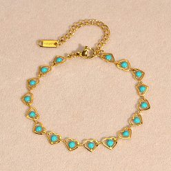 Turquoise Stainless Steel Link Chain Braclets, Enamel Style, Heart, Turquoise, 6-3/4~8-1/2 inch(17~21.5cm)