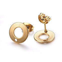 Golden Ion Plating(IP) 304 Stainless Steel Stud Earring Findings, with Loop & Earring Backs, Flat Round, Golden, 10x1mm, Hole: 1.5mm, Pin: 0.8mm