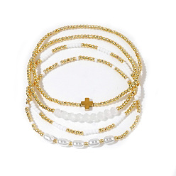 Золотой 4шт. винтажные элегантные наборы эластичных браслетов с имитацией жемчуга и бусин для женщин, золотые, 6.50 дюйм (16.5 см)