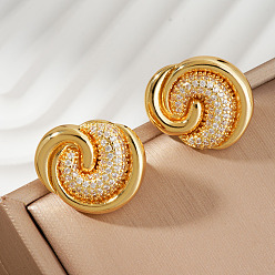Золотой Серьги-гвоздики из латуни с прозрачным кубическим цирконием во французском стиле в форме завитка, золотые, 21x18 мм