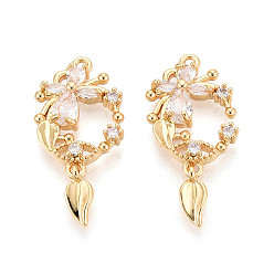 Настоящее золото 18K Подвески из латуни с прозрачным фианитом, цветок, без никеля , реальный 18 k позолоченный, 30~31x14x3.5 мм, отверстие : 1.4 мм