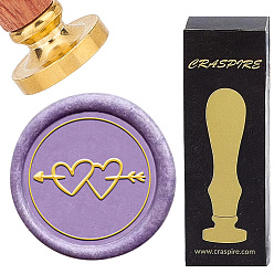 Сердце Набор сургучной печати, золотистый тон сургучной печати цельная латунная головка, с деревянной ручкой в стиле ретро, для конвертов приглашений, подарочная карта, сердце, 83x22 мм, штампы: 30x14.5 мм