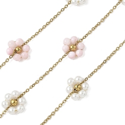 Pink 304 кабельные цепи из нержавеющей стали, цветок, с ракушечным жемчугом и искусственным жемчугом из АБС-пластика, ионное покрытие (ip), реальный 18 k позолоченный, пайки, с катушкой, розовые, 8.5x9.5x3.5 мм, около 32.81 футов (10 м) / рулон