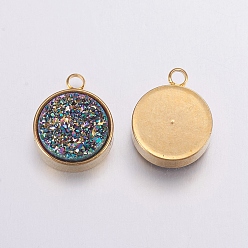 Colorful Electroplate Natural Druzy Agate Charms, with Brass Findings, Flat Round, Golden, Colorful, 14.5x11.5x4~5mm, Hole: 2mm