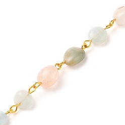 Морганит Ручной натуральный Morganite бисерные цепочки, с золотым тоном, самородки, 5~10x5~8x3.5~7 мм, около 39.37 дюйм (1 м) / прядь