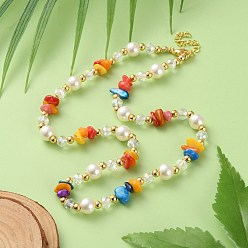 Разноцветный Ожерелья из бисера из окрашенных натуральных ракушек, искусственного жемчуга и латуни для женщин, с золотистым оттенком 304 концевая цепь из нержавеющей стали, красочный, 16.54 дюйм (42 см)