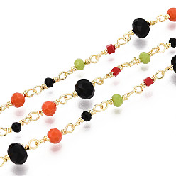 Разноцветный Цепочки ручной работы из латуни и стеклянных бусин, с катушкой, пайки, реальный 18 k позолоченный, красочный, 11~12x3x2~2.5 мм