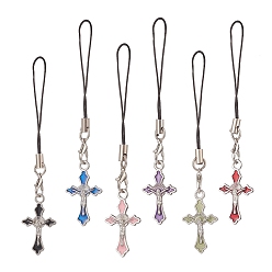 Mixed Color Alloy Enamel Cross Mobile Straps, Polyester Cord Mobile Accessories Decoration, 100mm, 6pcs/set