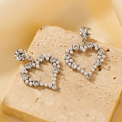 Серебро Французский романтический стиль модные латунные серьги-гвоздики в форме сердца со стразами, серебряные, 30x20 мм