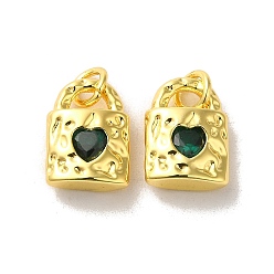 Темно-Зеленый Латунные микро проложить кубического циркония подвески, без кадмия, без никеля и без свинца, реальный 18 k позолоченный, запирать, темно-зеленый, 12.5x9x4 мм