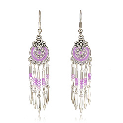 Фиолетовый Серьги-люстры с кисточками, выполненные из сплава и эмали в богемном стиле, со стеклянными бисеринами, античное серебро, фиолетовые, 50x15 мм