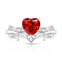 Red Brass Pave Cubic Zirconia Finger Rings, Heart, Platinum, Red, 21mm