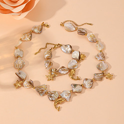 Золотой Браслеты и ожерелья из натуральных ракушек, 304 комплекты украшений с подвесками в форме дельфина из нержавеющей стали, золотые, колье: 15.75 дюйм (40 см)