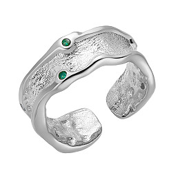 Platinum SHEGRACE Rhodium Plated 925 Sterling Silver Cuff Rings, Open Rings, with Grade AAA Cubic Zirconia, Textured, with 925 Stamp, Green, Platinum, US Size 5, Inner Diameter: 16mm