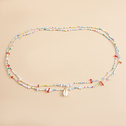 Shell Shape Богемный натуральный каури подвеска стеклянные бусины двухслойные эластичные цепочки на талию и живот для женщин, красочный, формы раковины, 800 мм, 2 шт / комплект