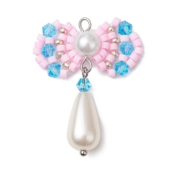 Бледно-Розовый Стеклянные бусины ручной работы, Ткацкий станок, с акриловыми шариками, бантом кулон, розовый жемчуг, 33x26.5x7.5 мм, отверстие : 2 мм