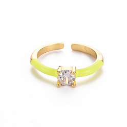 Yellow Brass Enamel Cuff Rings, Open Rings, Solitaire Rings, with Clear Cubic Zirconia, Nickel Free, Flat Round, Golden, Yellow, US Size 7(17.3mm)