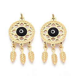 Черный 304 нержавеющей стальной эмали подвески, паутина с пером, с целью перехода в кольце, ионное покрытие (ip), реальный 18 k позолоченный, чёрные, 33x16x2 мм, отверстие : 2.8 мм