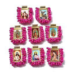 Темно-Розовый Подвески барс, с пластиковыми бусинами и бумагой, прямоугольник с фантастическими святыми, без кадмия, без никеля и без свинца, темно-розовыми, 27x22x6 мм, отверстие : 2.2 мм