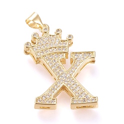 Letter X Латунные микро проложить кубического циркония подвески, долговечный, со сменными под залог, letter.x с короной, реальный 18 k позолоченный, прозрачные, letter.x, х: 28x20.5x4 мм, отверстие : 3x4 мм