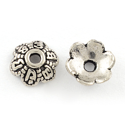 Argent Antique 6 -petal style tibétain bouchons en alliage de perles, sans cadmium et sans plomb, fleur, argent antique, 7x3mm, trou: 1.5 mm, environ 4347 pcs / 1000 g
